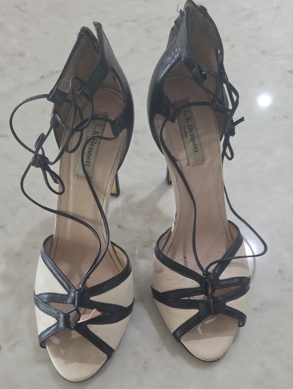 LK Bennett Black and Cream Lace-Up Open-Toe Heels